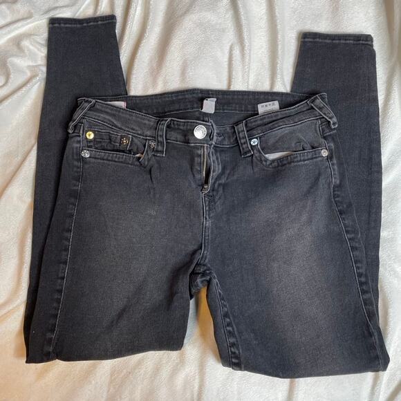 TRUE RELIGION Halle Mid Rise Super Skinny 32 x 28 Grey Wash Black Jeans Denim - Picture 3 of 6